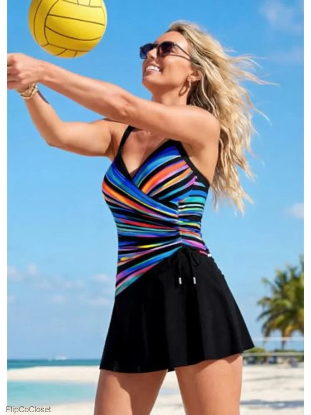 Modest One Piece Swimsuit Faux 2-Piece Drawstring Skirt Ruched Tummy Control